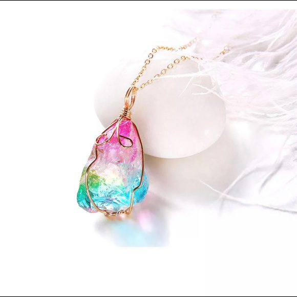Rainbow Crystal Aura Quartz Necklace Gold PRIDE - Picture 3 of 12